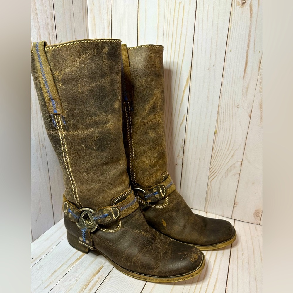 Bed Stu Opal Brown Leather Harness Cream Blue Exposed Stitching Bottle Boots